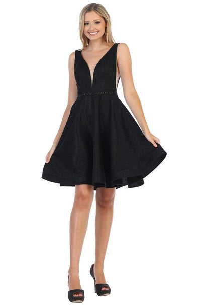 May Queen - MQ1696 Plunging V-Neck Glitter Short Dress Homecoming Dresses 4 / Black
