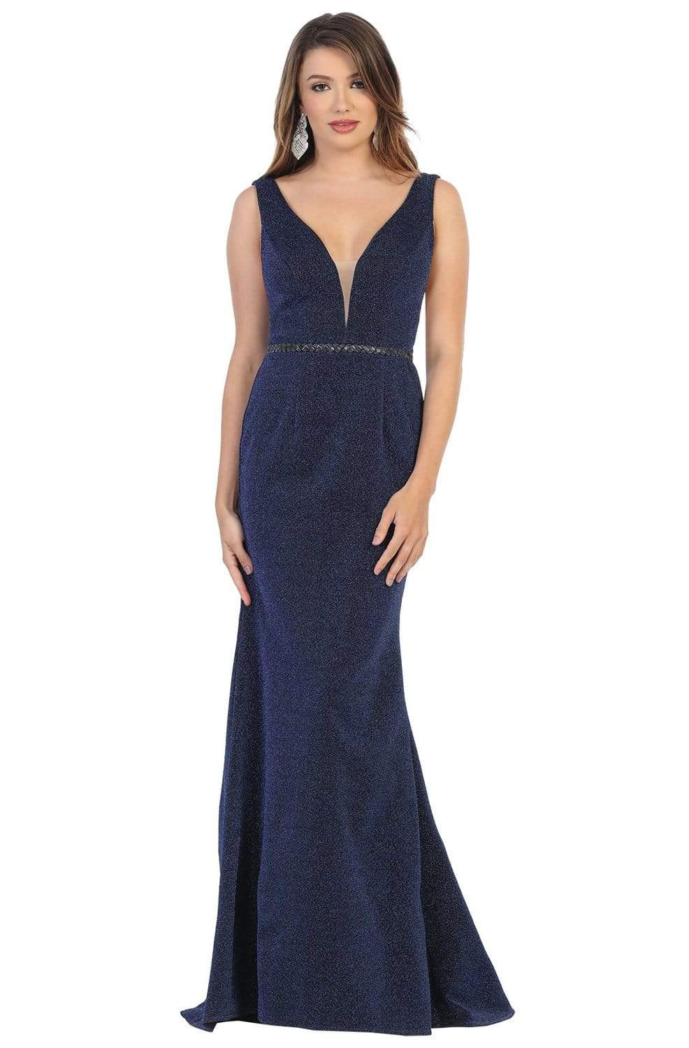 May Queen - MQ1698 Deep V-neck Trumpet Dress With Train Evening Dresses 4 / Navy