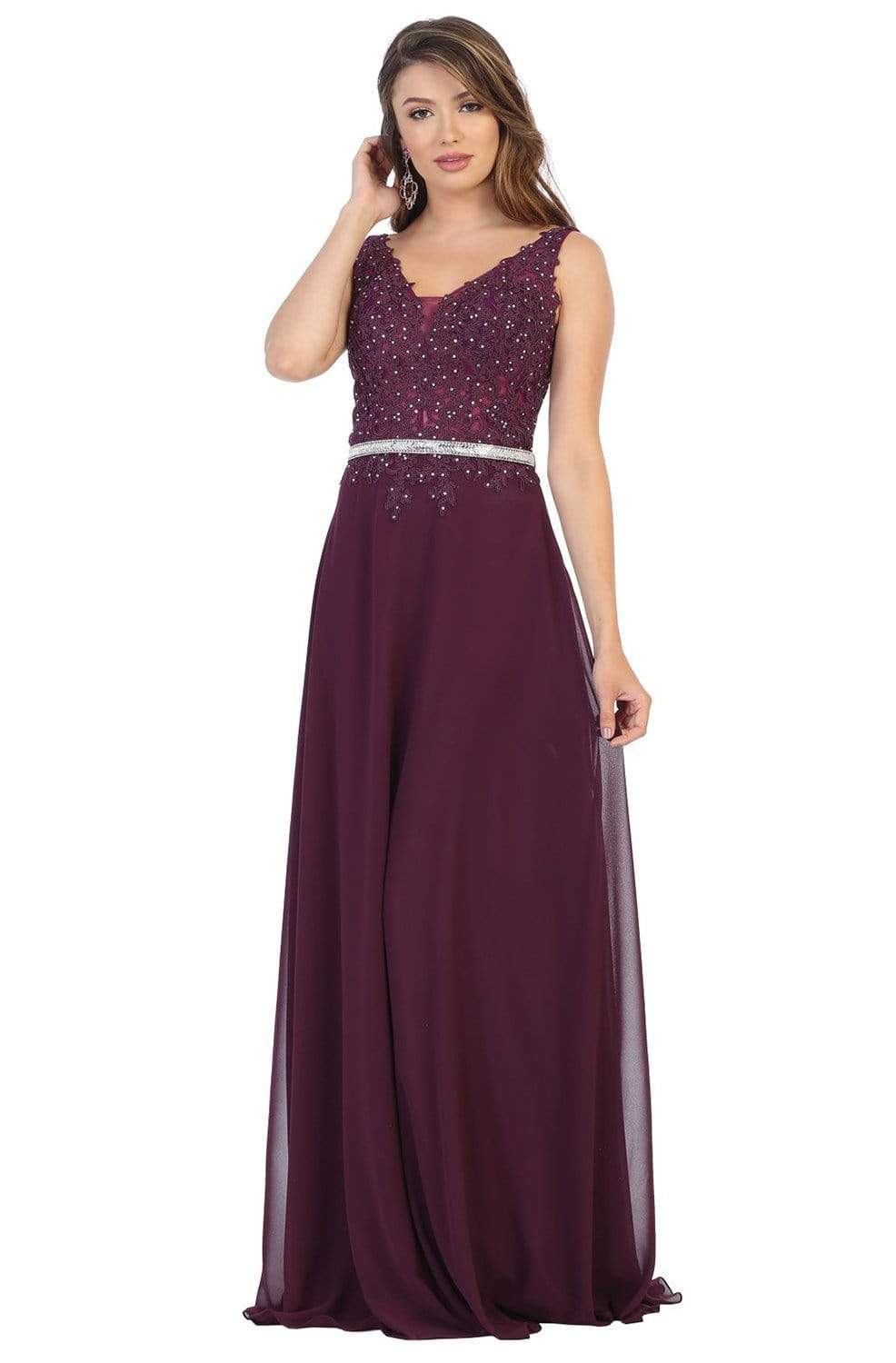 May Queen - MQ1701 Embroidered Plunging V-neck A-line Gown Evening Dresses 4 / Burgundy