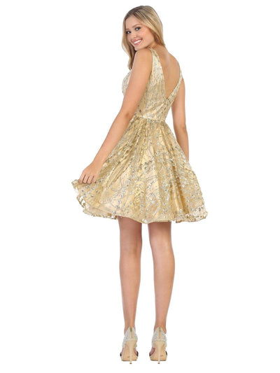 May Queen - MQ1702 Short Deep V-Neck Glitter A-Line Dress Homecoming Dresses