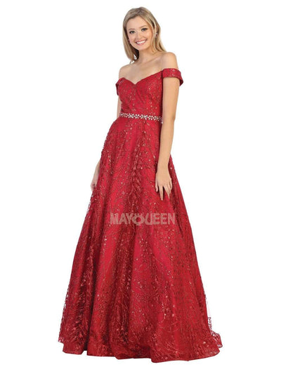 May Queen - MQ1703 Off Shoulder Glitter Motif A-Line Gown Prom Dresses 4 / Burgundy