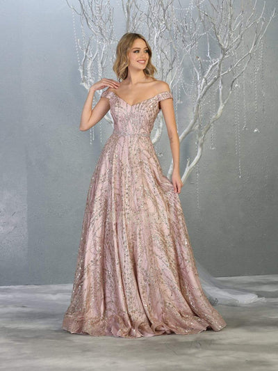 May Queen - MQ1703 Off Shoulder Glitter Motif A-Line Gown Prom Dresses 4 / Mauve