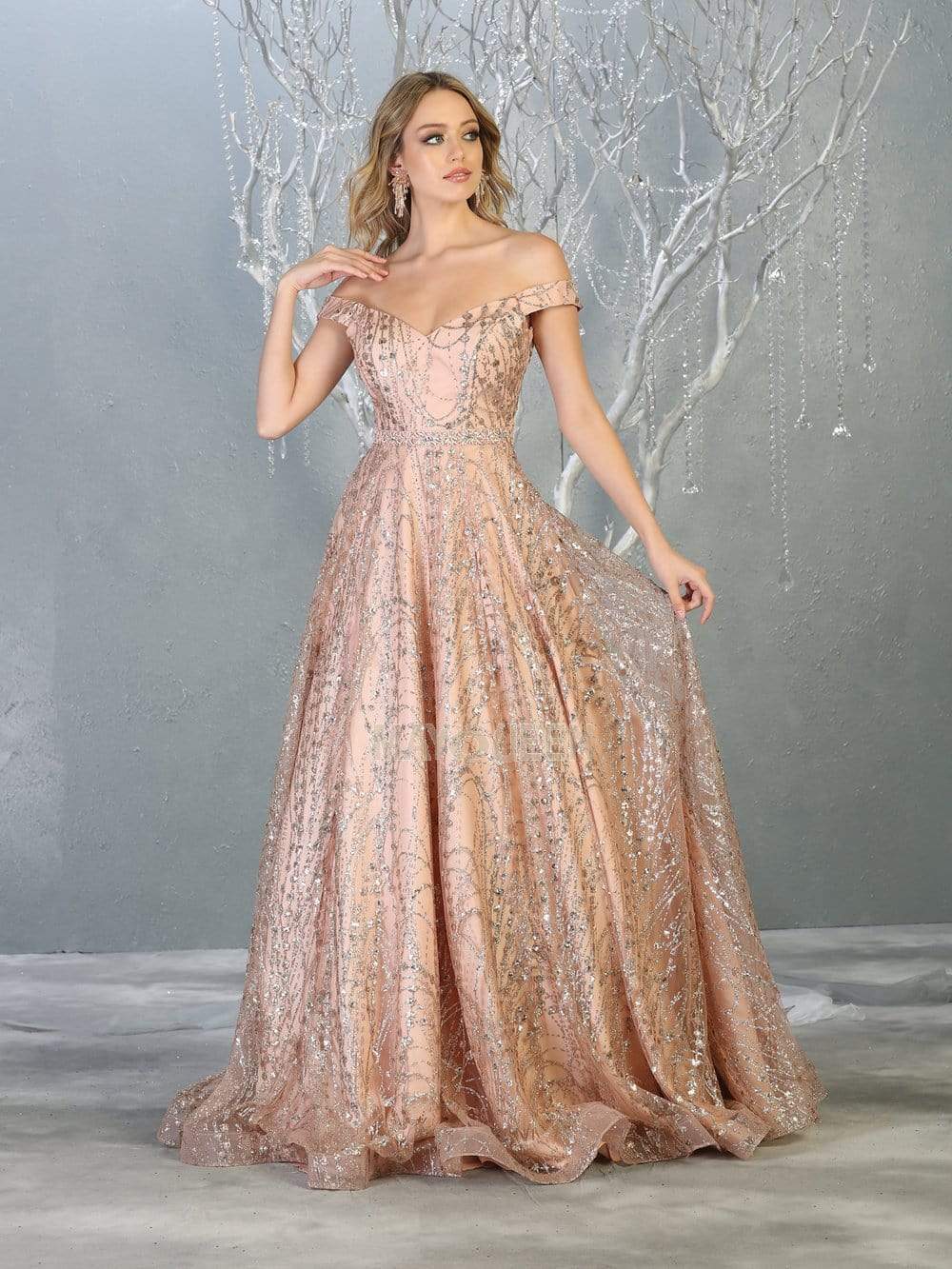 May Queen - MQ1703 Off Shoulder Glitter Motif A-Line Gown Prom Dresses 4 / Rose Gold