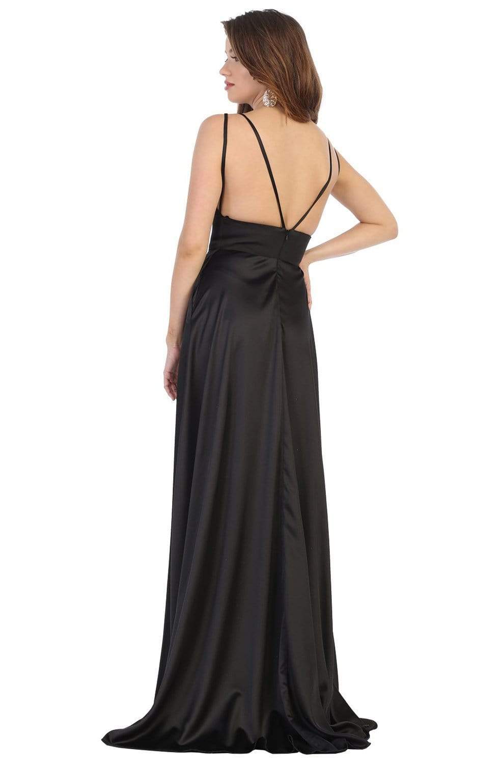 May Queen - MQ1705 Long Strap-Ornate V-Neck High Slit Dress Evening Dresses