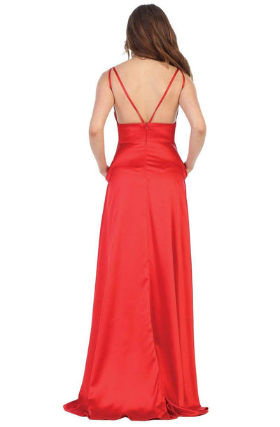 May Queen - MQ1705 Long Strap-Ornate V-Neck High Slit Dress Evening Dresses