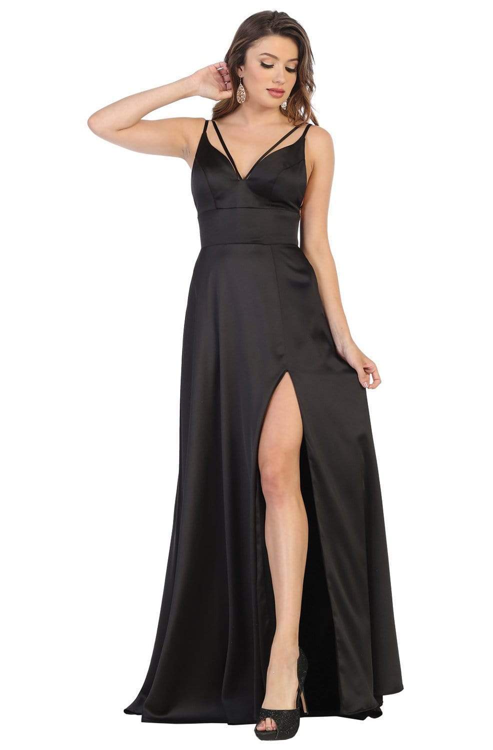 May Queen - MQ1705 Long Strap-Ornate V-Neck High Slit Dress Evening Dresses 4 / Black