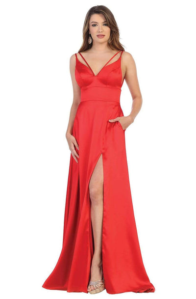 May Queen - MQ1705 Long Strap-Ornate V-Neck High Slit Dress Evening Dresses 4 / Red