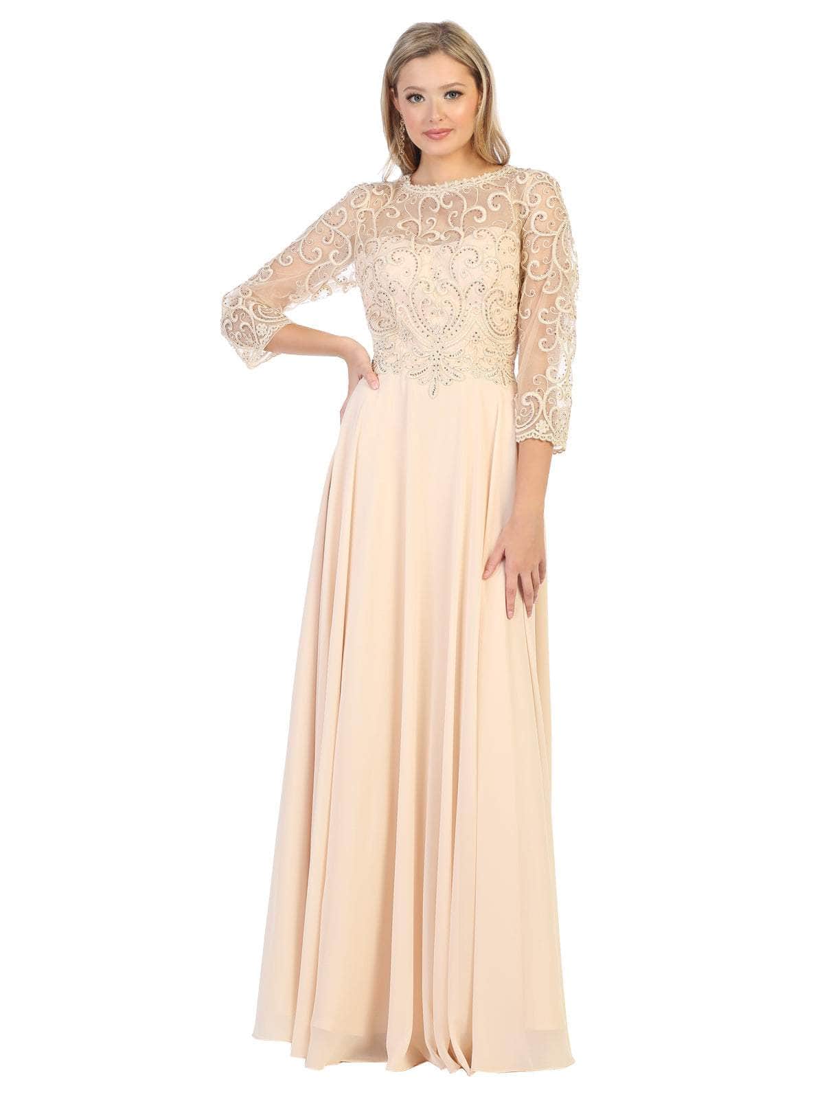 May Queen - MQ1706 Embroidered Illusion Jewel A-Line Dress Mother of the Bride Dresses M / Champagne