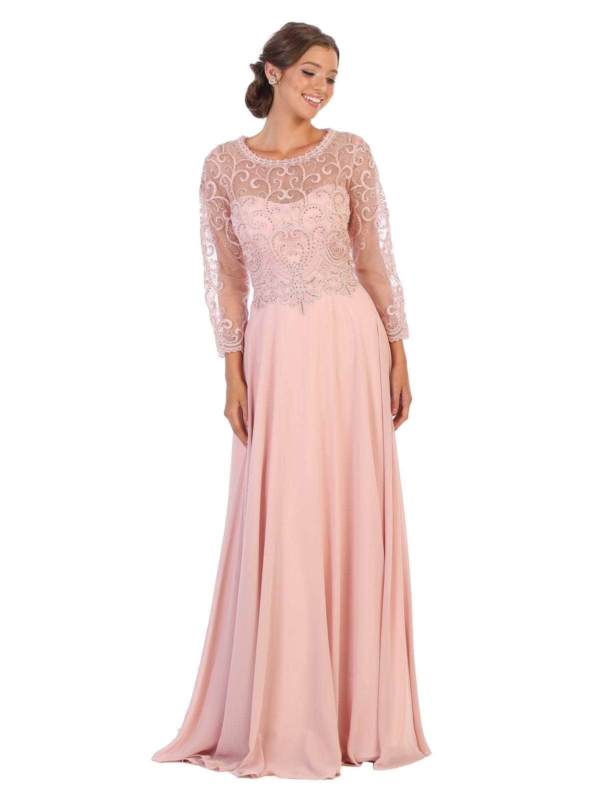 May Queen - MQ1706 Embroidered Illusion Jewel A-Line Dress Mother of the Bride Dresses M / Dusty Rose