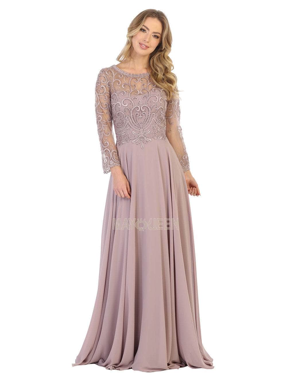May Queen - MQ1706 Embroidered Illusion Jewel A-Line Dress Mother of the Bride Dresses M / Mauve