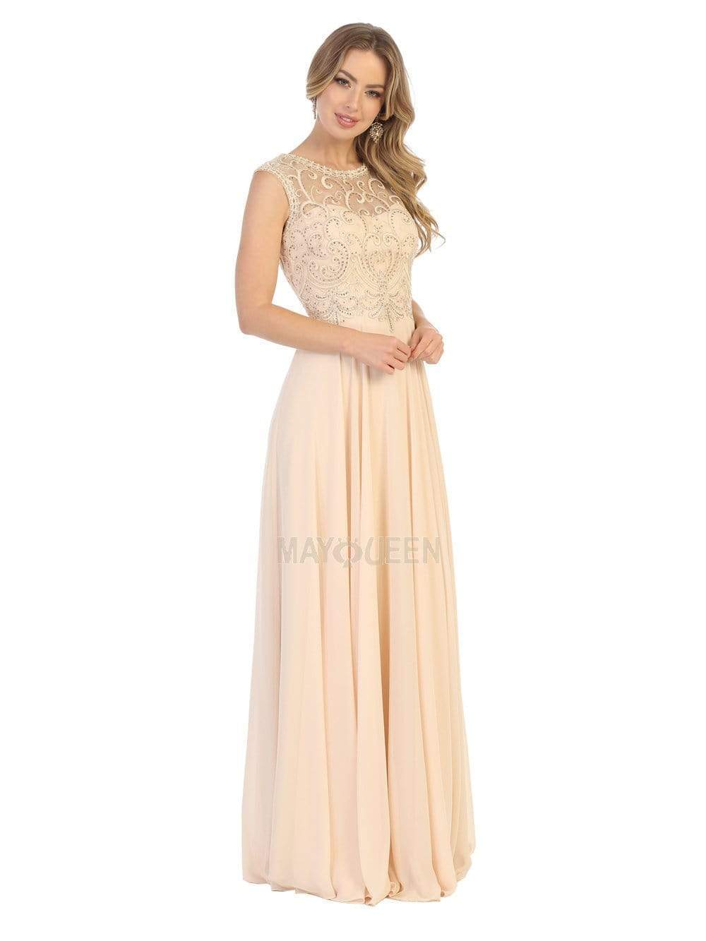 May Queen - MQ1707 Swirl Motif Embroidered Chiffon Dress Prom Dresses 4 / Champagne