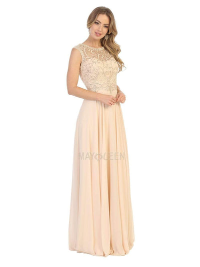 May Queen - MQ1707 Swirl Motif Embroidered Chiffon Dress Prom Dresses 4 / Champagne