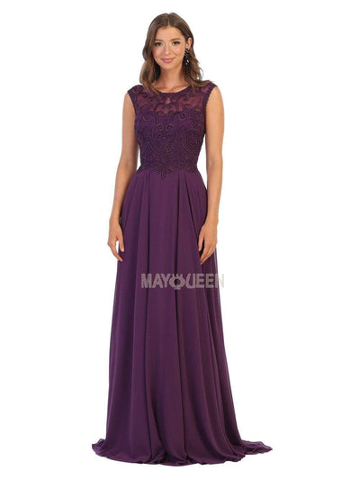 May Queen - MQ1707 Swirl Motif Embroidered Chiffon Dress Prom Dresses 4 / Eggplant