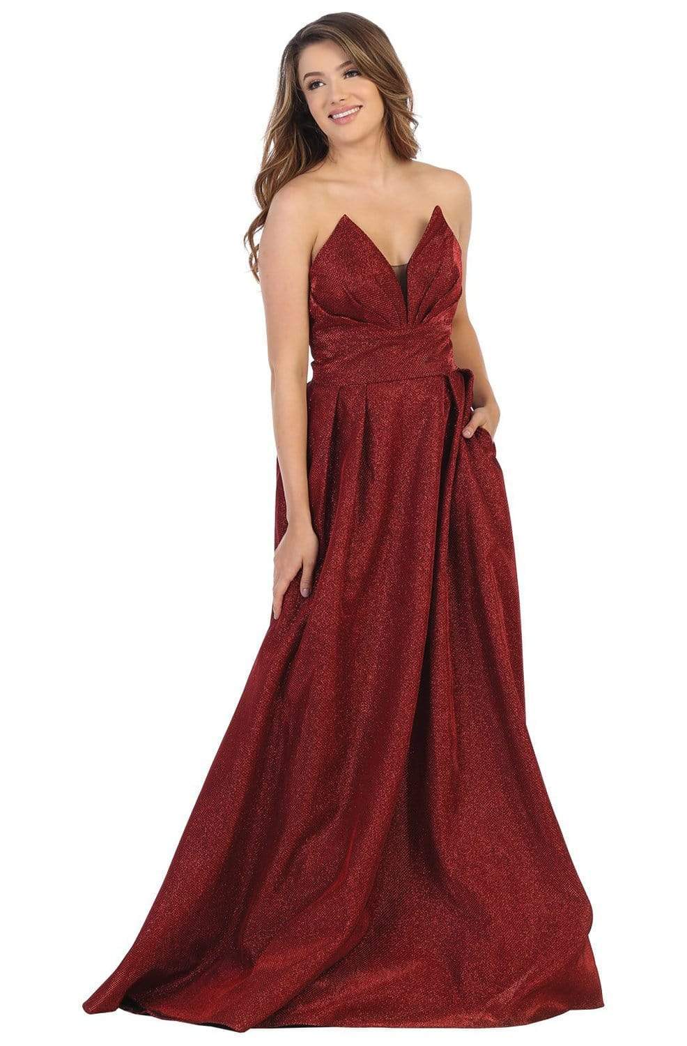 May Queen - MQ1710 Strapless Plunging V-Neck A-Line Dress Prom Dresses 4 / Burg/Multi