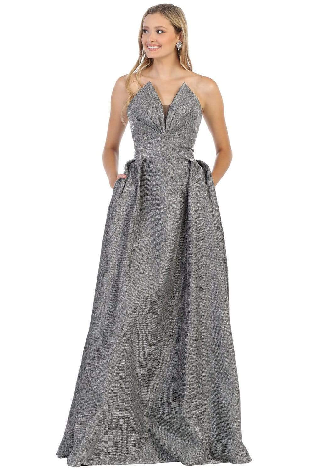 May Queen - MQ1710 Strapless Plunging V-Neck A-Line Dress Prom Dresses 4 / Silver