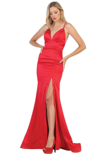 May Queen - MQ1712 Plunging Neck with Spaghetti Strap Evening Dress Evening Dresses 2 / Red