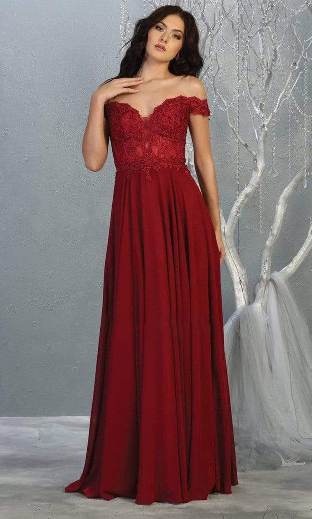 May Queen - MQ1714 Appliqued Sheer Corset Chiffon Dress Prom Dresses 4 / Burgundy