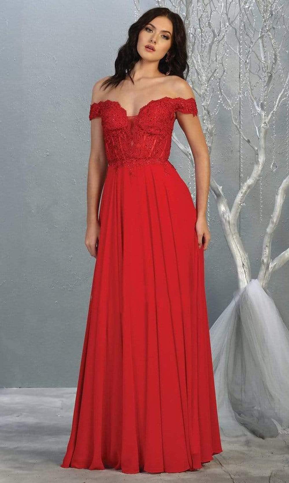 May Queen - MQ1714 Appliqued Sheer Corset Chiffon Dress Prom Dresses 4 / Red