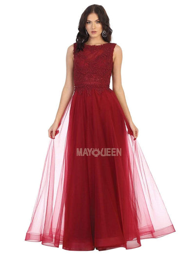 May Queen - MQ1717 Sheer Lattice Rendered Tulle Dress Evening Dresses 4 / Burgundy