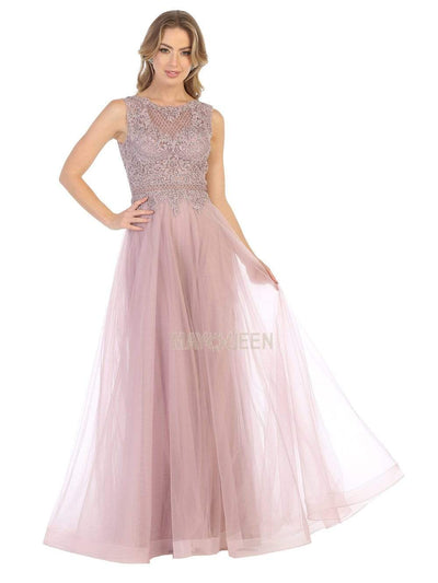 May Queen - MQ1717 Sheer Lattice Rendered Tulle Dress Evening Dresses 4 / Mauve