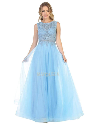 May Queen - MQ1717 Sheer Lattice Rendered Tulle Dress Evening Dresses 4 / Perry Blue