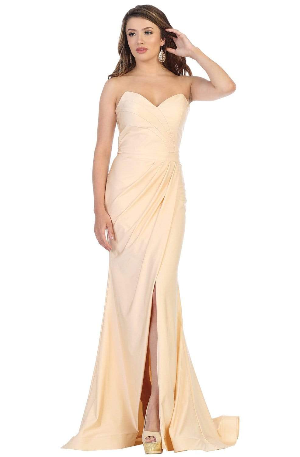 May Queen - MQ1718 Strapless Sweetheart Draping High Slit Dress Evening Dresses 4 / Champagne
