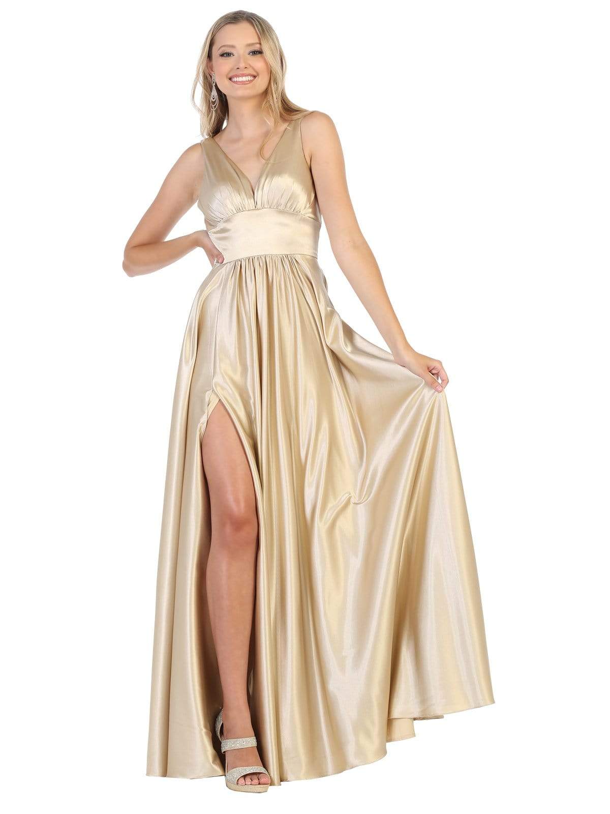 May Queen - MQ1723 Plunging V-Neck Empire High Slit Dress Evening Dresses 4 / Champagne