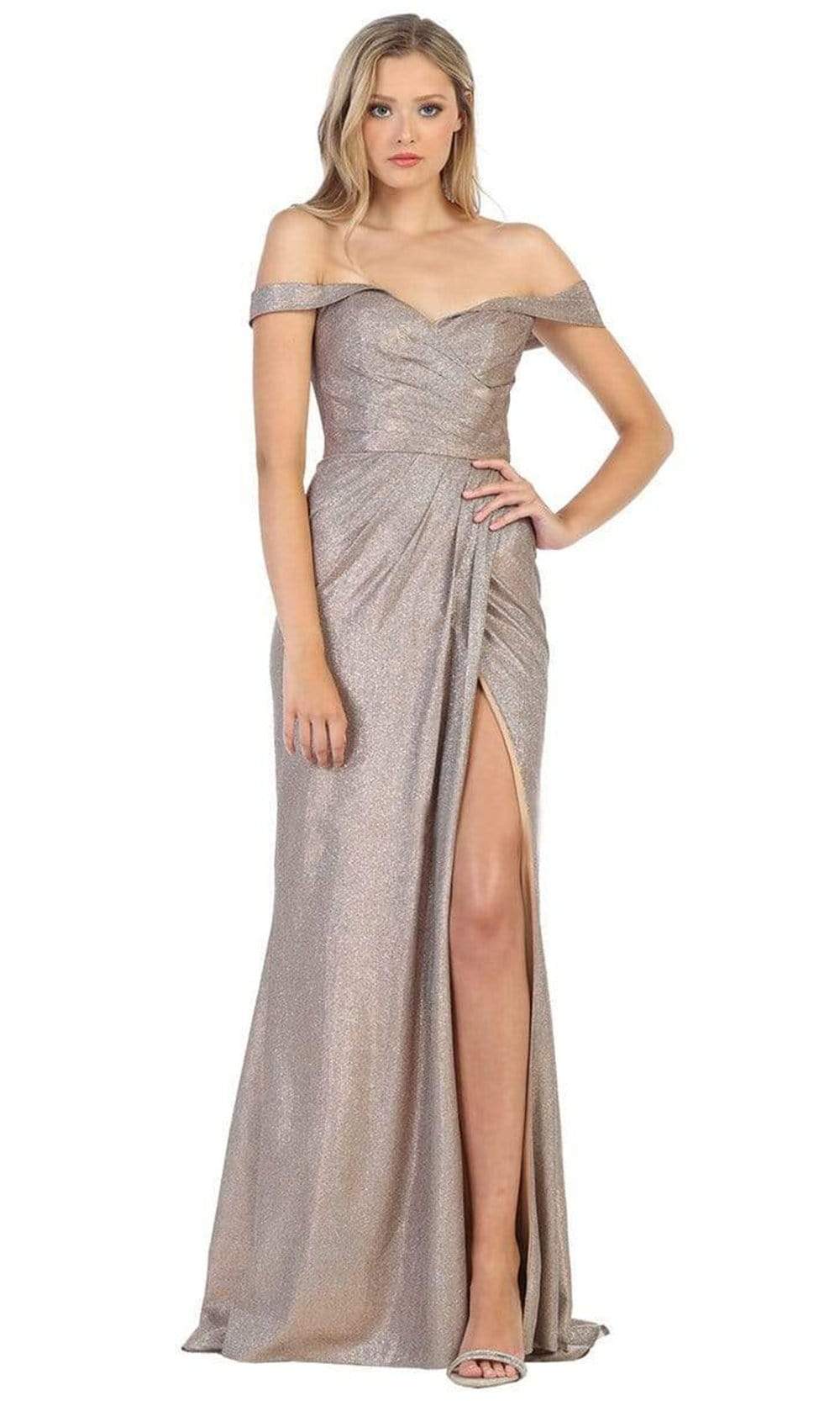 May Queen - MQ1724 Ruched Off-Shoulder Dress with Slit Evening Dresses 4 / Bronze/ Multi