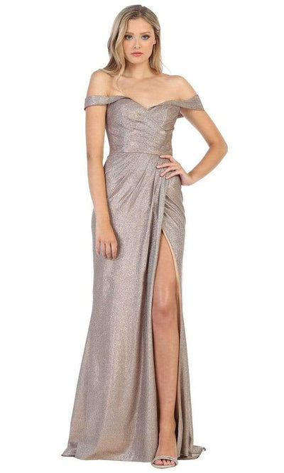 May Queen - MQ1724 Ruched Off-Shoulder Dress with Slit Evening Dresses 4 / Bronze/ Multi
