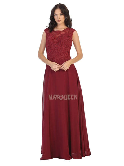 May Queen - MQ1725 Lace Bodice Chiffon A-Line Long Formal Dress Mother of the Bride Dresses 4 / Burgundy