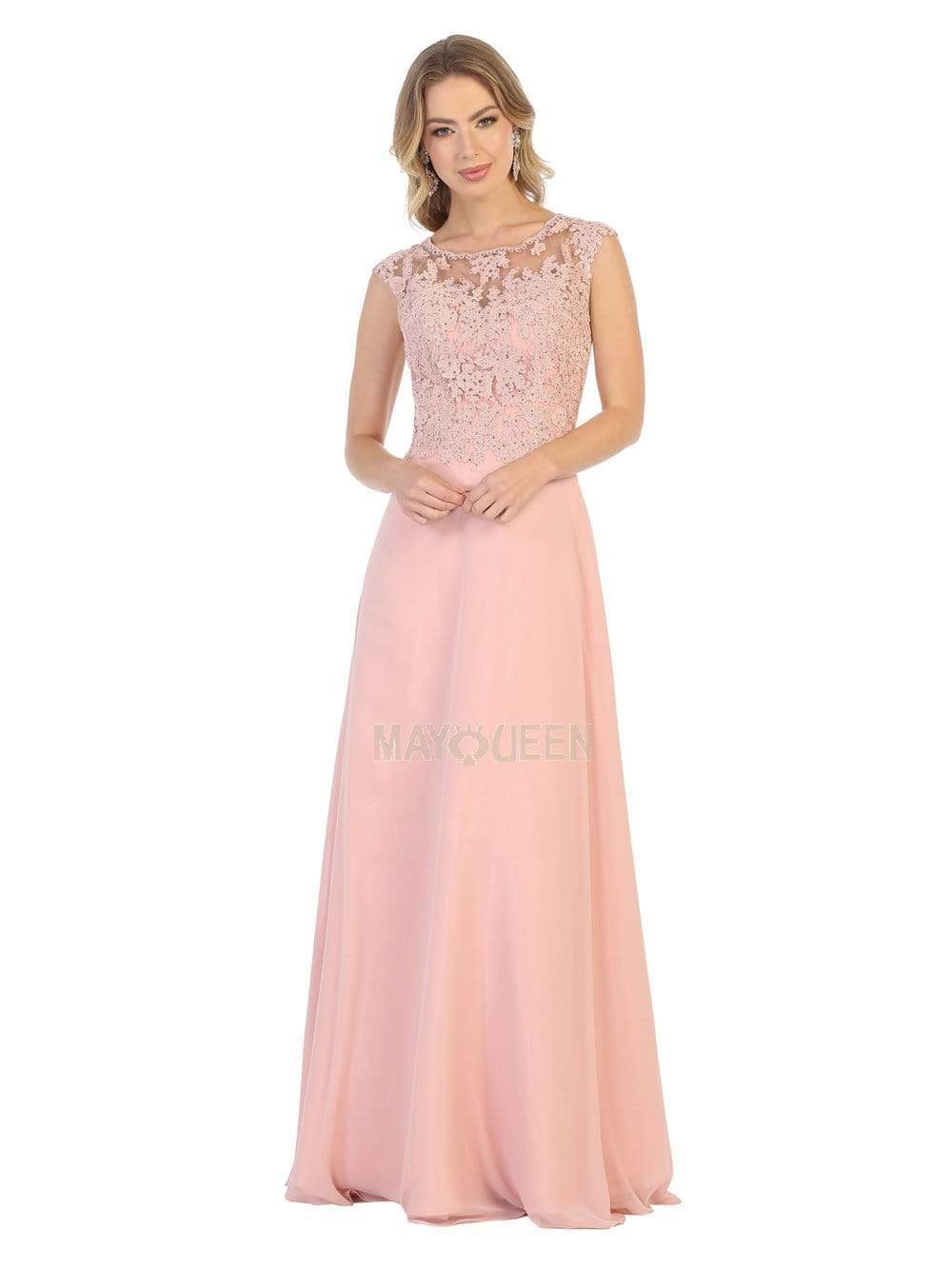 May Queen - MQ1725 Lace Bodice Chiffon A-Line Long Formal Dress Mother of the Bride Dresses 4 / Dusty-Rose