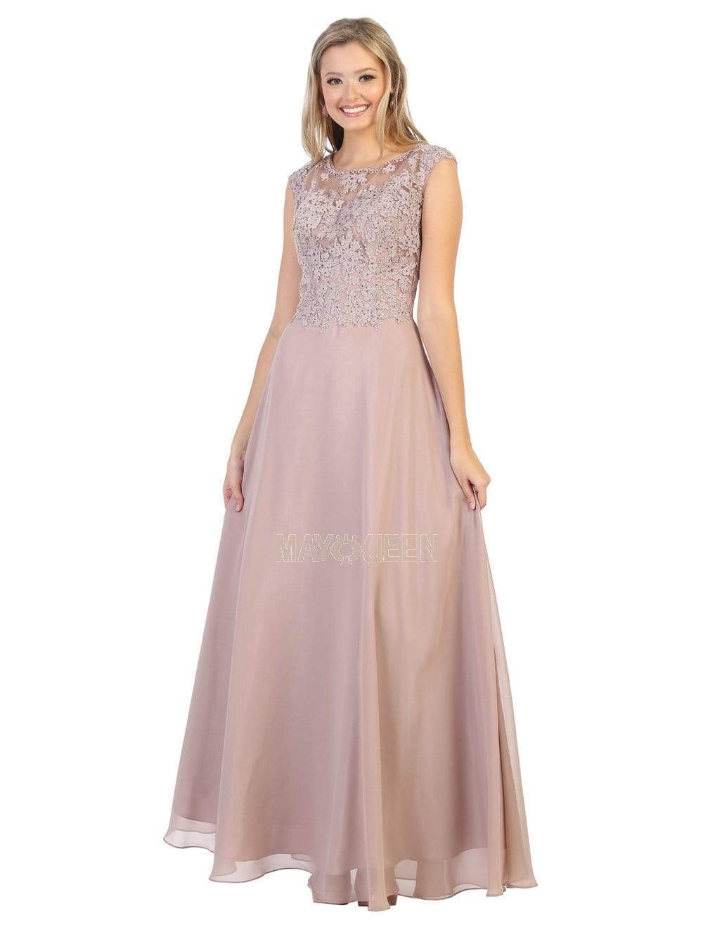 May Queen - MQ1725 Lace Bodice Chiffon A-Line Long Formal Dress Mother of the Bride Dresses 4 / Mauve