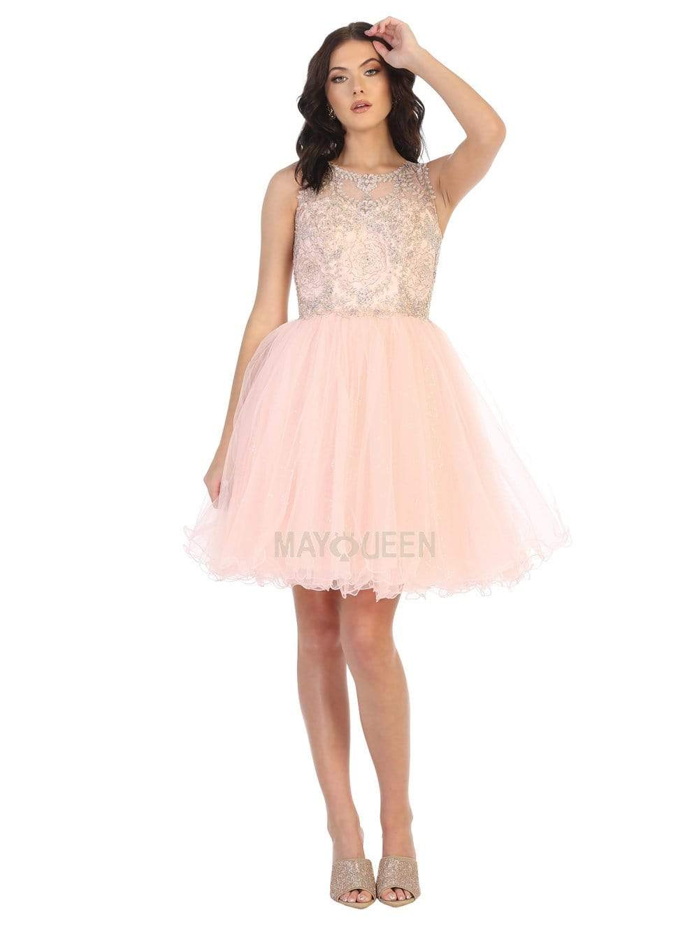May Queen - MQ1726 Rosette Appliqued Glitter Tulle Dress Cocktail Dresses 4 / Blush