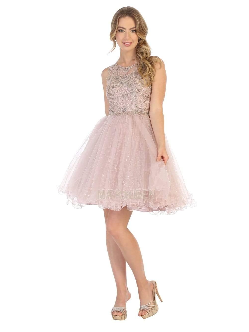 May Queen - MQ1726 Rosette Appliqued Glitter Tulle Dress Cocktail Dresses 4 / Mauve
