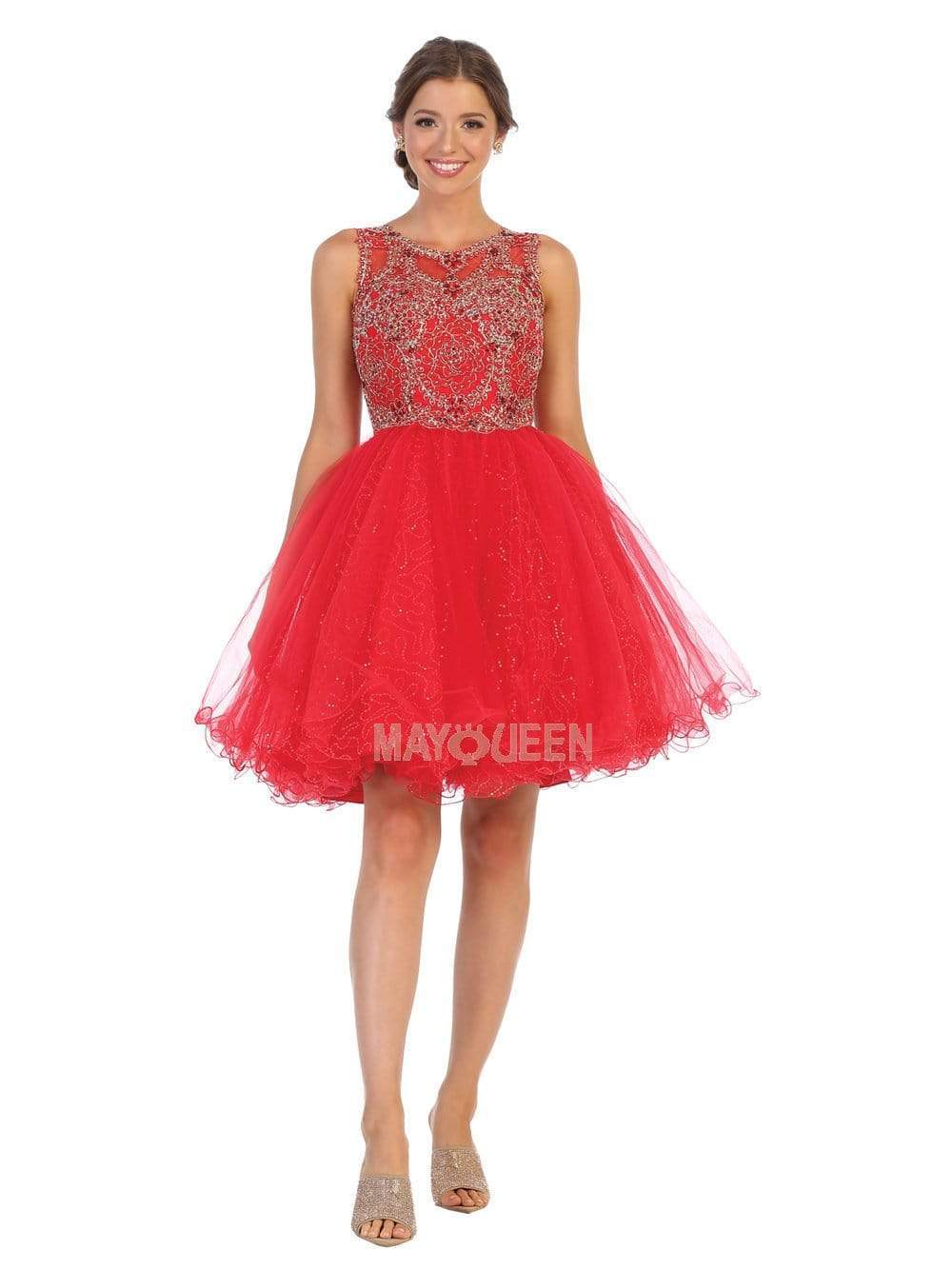 May Queen - MQ1726 Rosette Appliqued Glitter Tulle Dress Cocktail Dresses 4 / Red