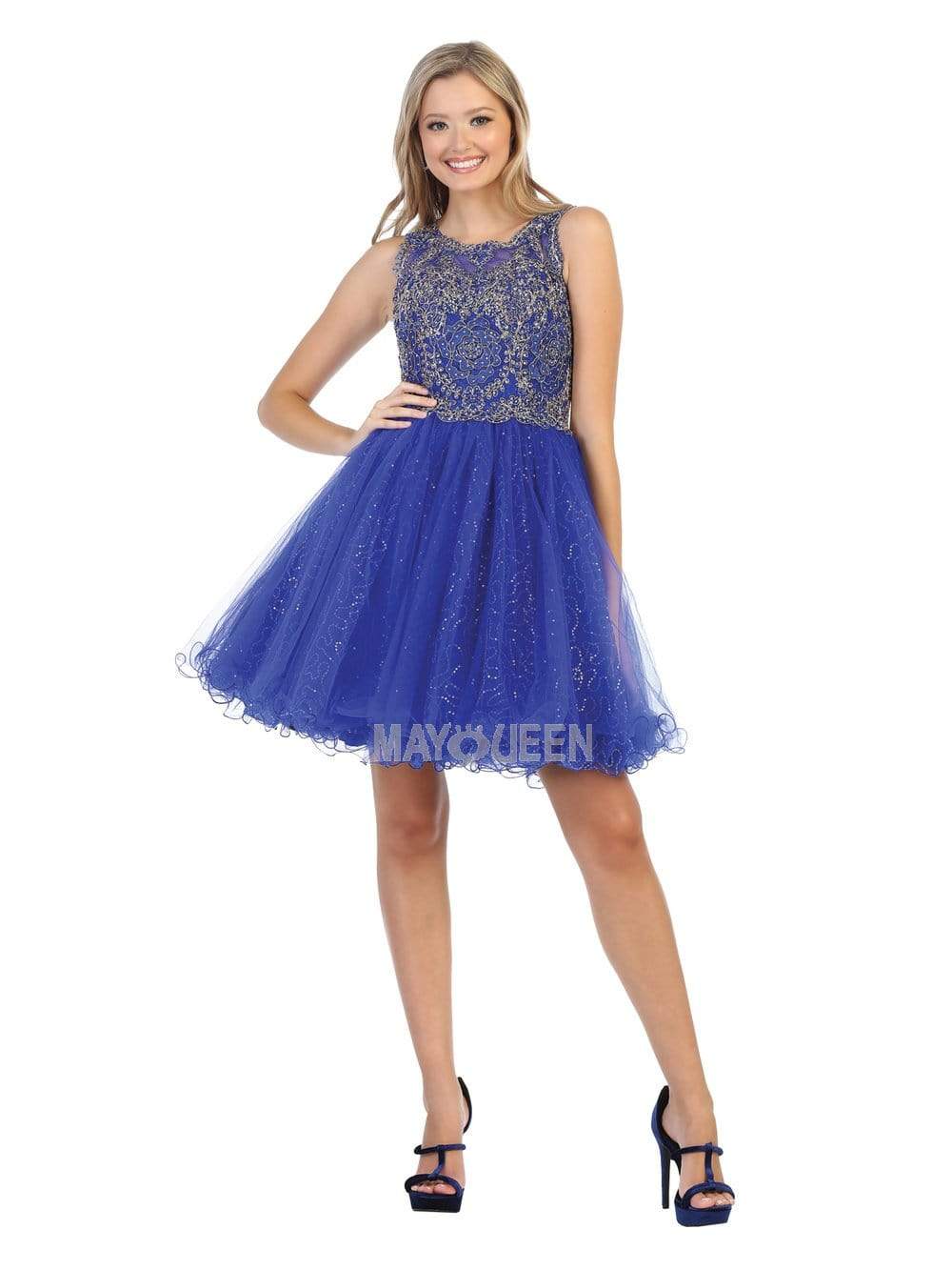 May Queen - MQ1726 Rosette Appliqued Glitter Tulle Dress Cocktail Dresses 4 / Royal