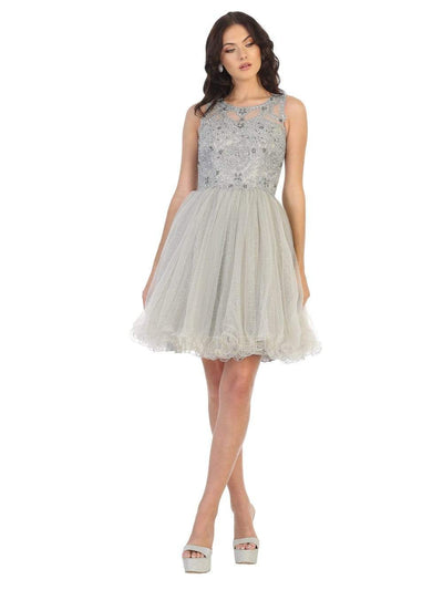 May Queen - MQ1726 Rosette Appliqued Glitter Tulle Dress Cocktail Dresses 4 / Silver