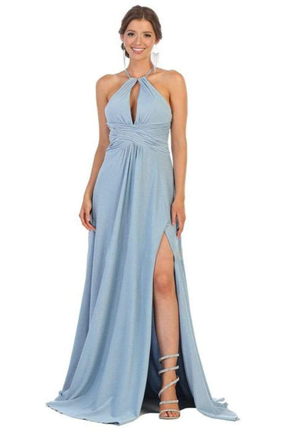 May Queen - MQ1729 Halter Neck A-line Dress With Slit Prom Dresses 2 / Dusty-Blue