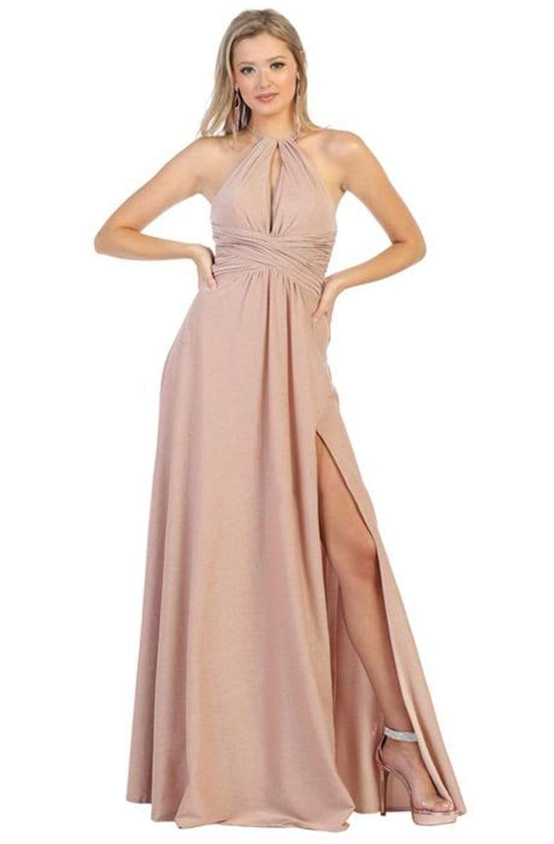 May Queen - MQ1729 Halter Neck A-line Dress With Slit Prom Dresses 2 / Rosegold