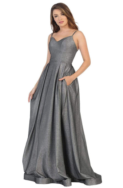 May Queen - MQ1731 Glitter Bodice Long A-Line Dress Evening Dresses 4 / Charcoal Gray