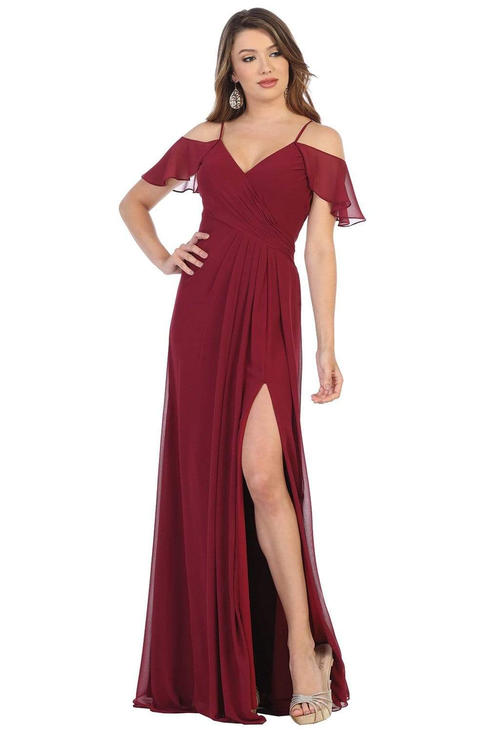 May Queen - MQ1732 Flounced Cold Shoulder Formal Chiffon Dress Formal Gowns 4 / Burgundy