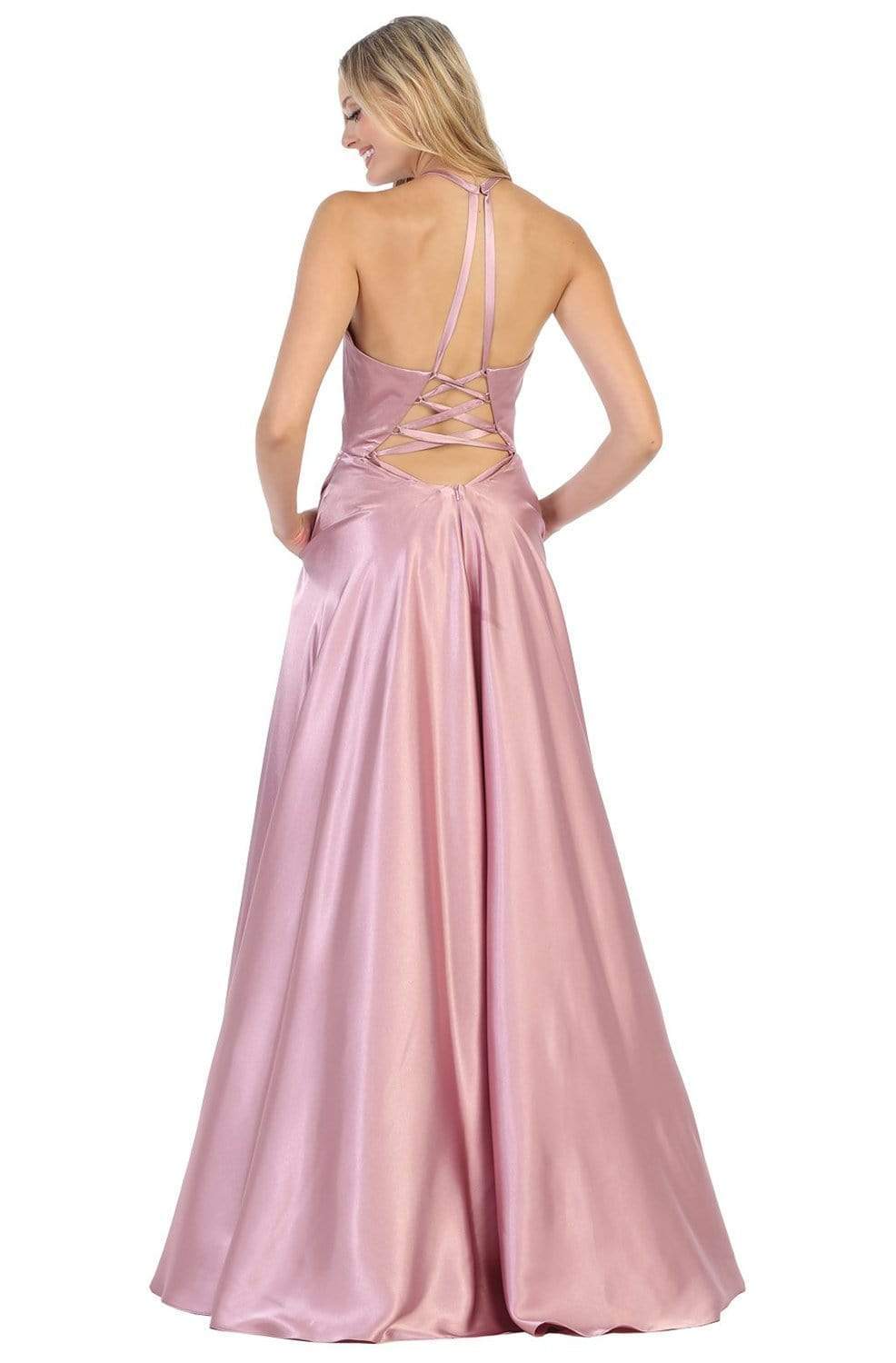 May Queen - MQ1733 Strappy A-Line Halter Gown Prom Dresses