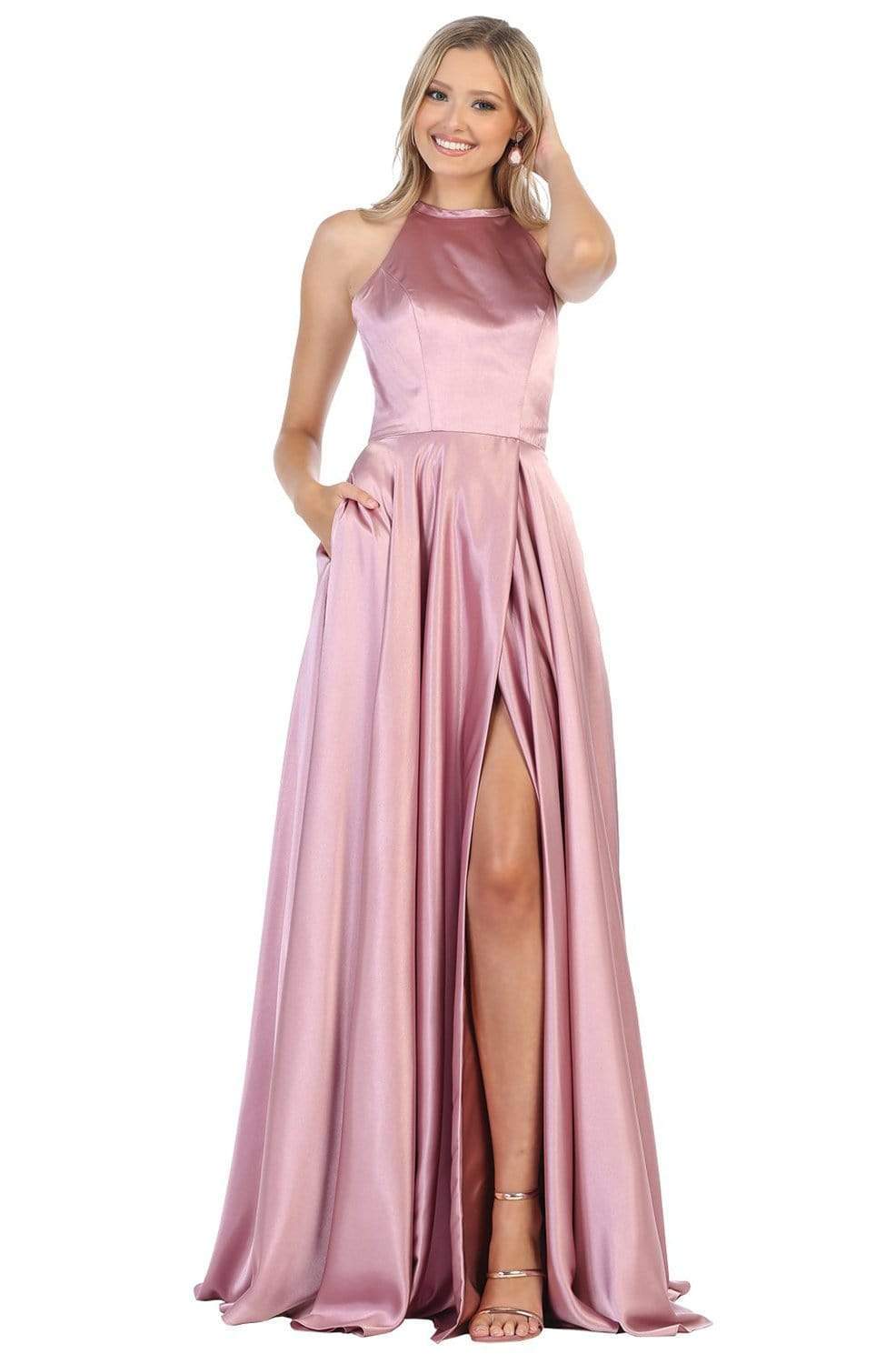May Queen - MQ1733 Strappy A-Line Halter Gown Prom Dresses 4 / Mauve