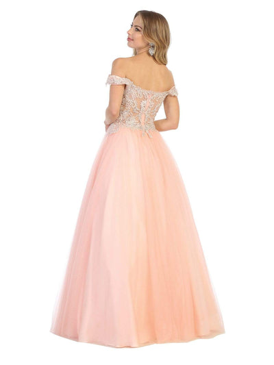 May Queen - MQ1734 Illusion Plunged Appliqued Off Shoulder Dress Prom Dresses