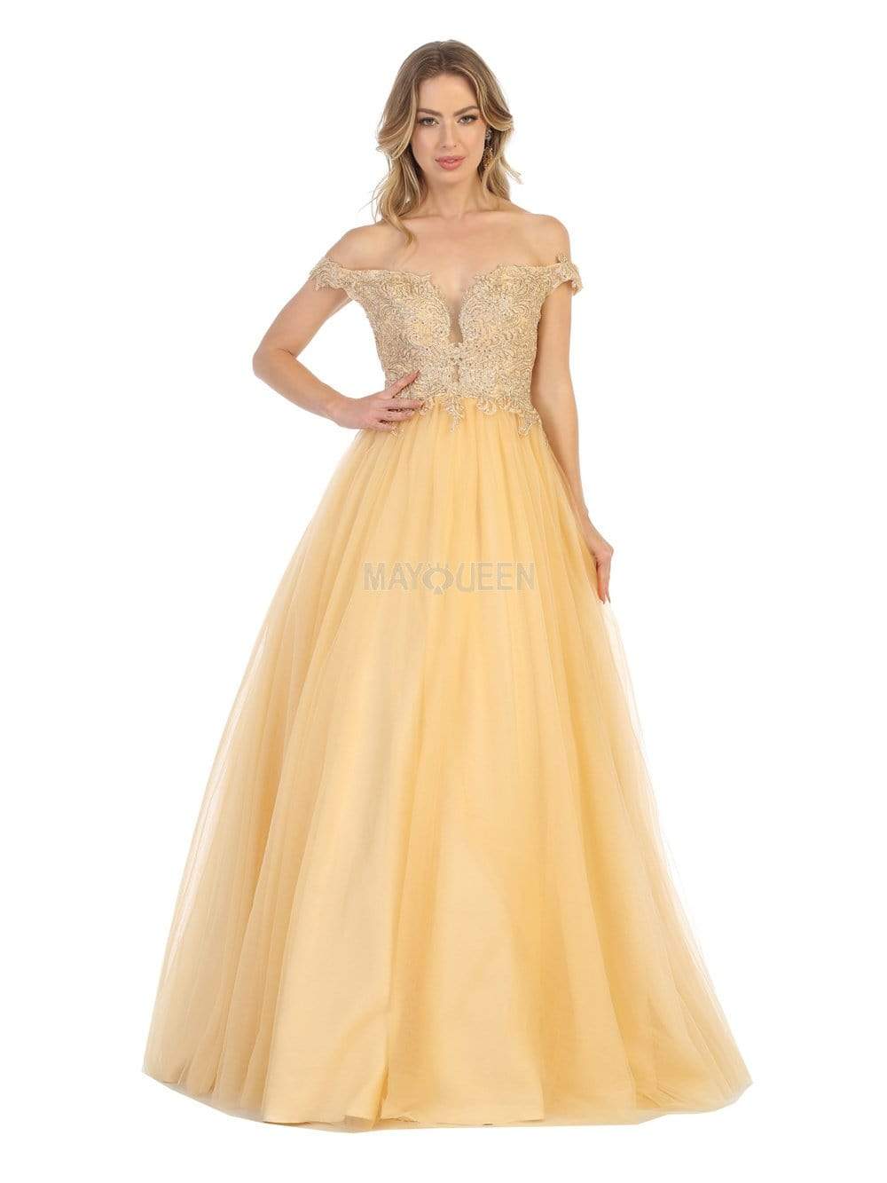 May Queen - MQ1734 Illusion Plunged Appliqued Off Shoulder Dress Prom Dresses