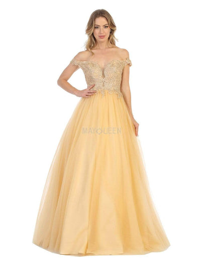 May Queen - MQ1734 Illusion Plunged Appliqued Off Shoulder Dress Prom Dresses