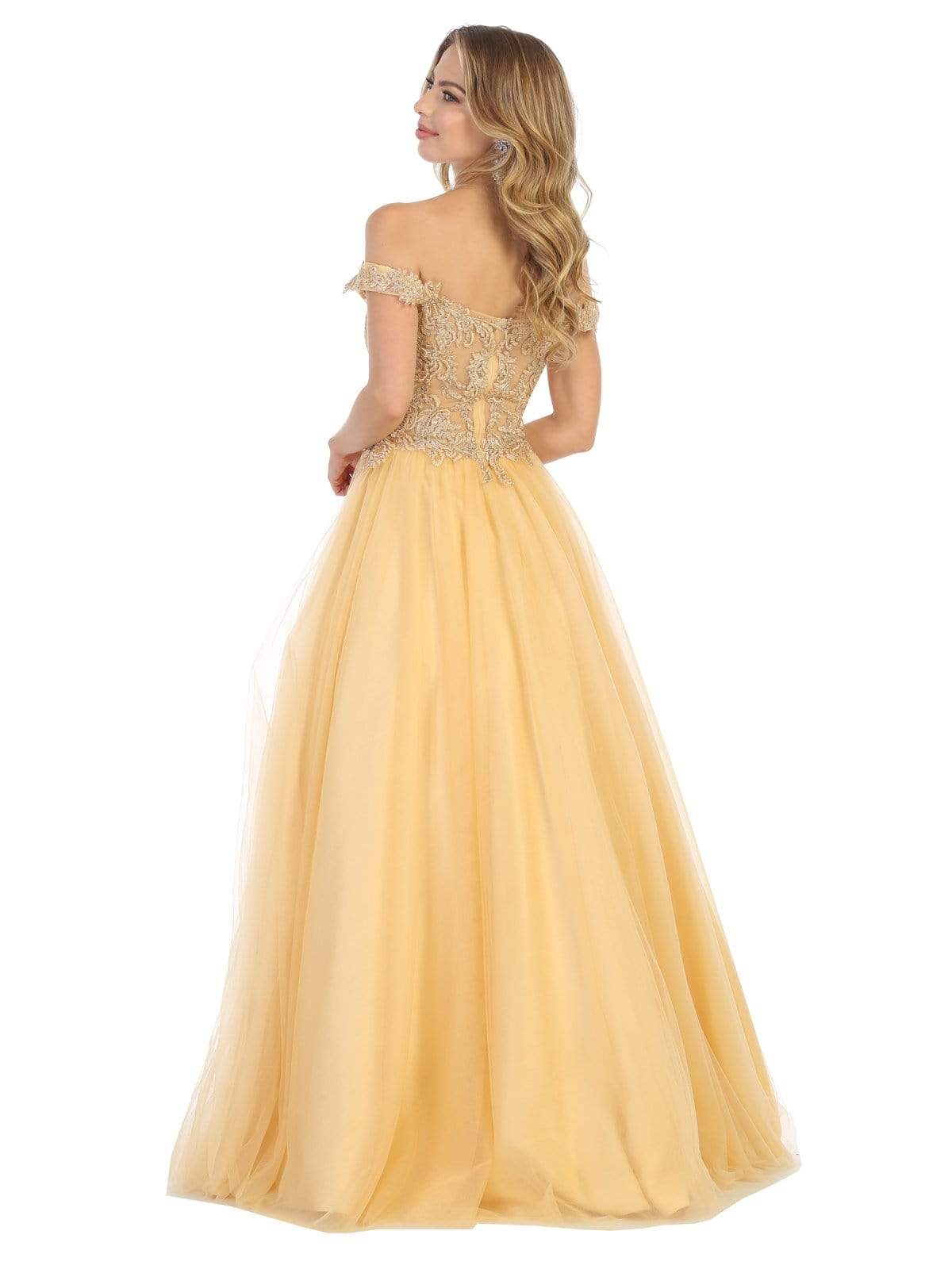 May Queen - MQ1734 Illusion Plunged Appliqued Off Shoulder Dress Prom Dresses