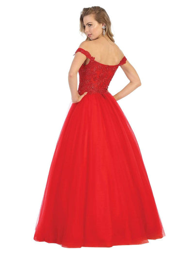 May Queen - MQ1734 Illusion Plunged Appliqued Off Shoulder Dress Prom Dresses