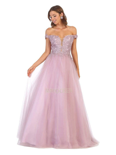 May Queen - MQ1734 Illusion Plunged Appliqued Off Shoulder Dress Prom Dresses 4 / Mauve