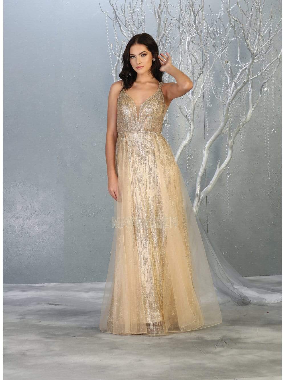 May Queen - MQ1735 Embellished Deep V-neck A-line Dress Prom Dresses 4 / Gold